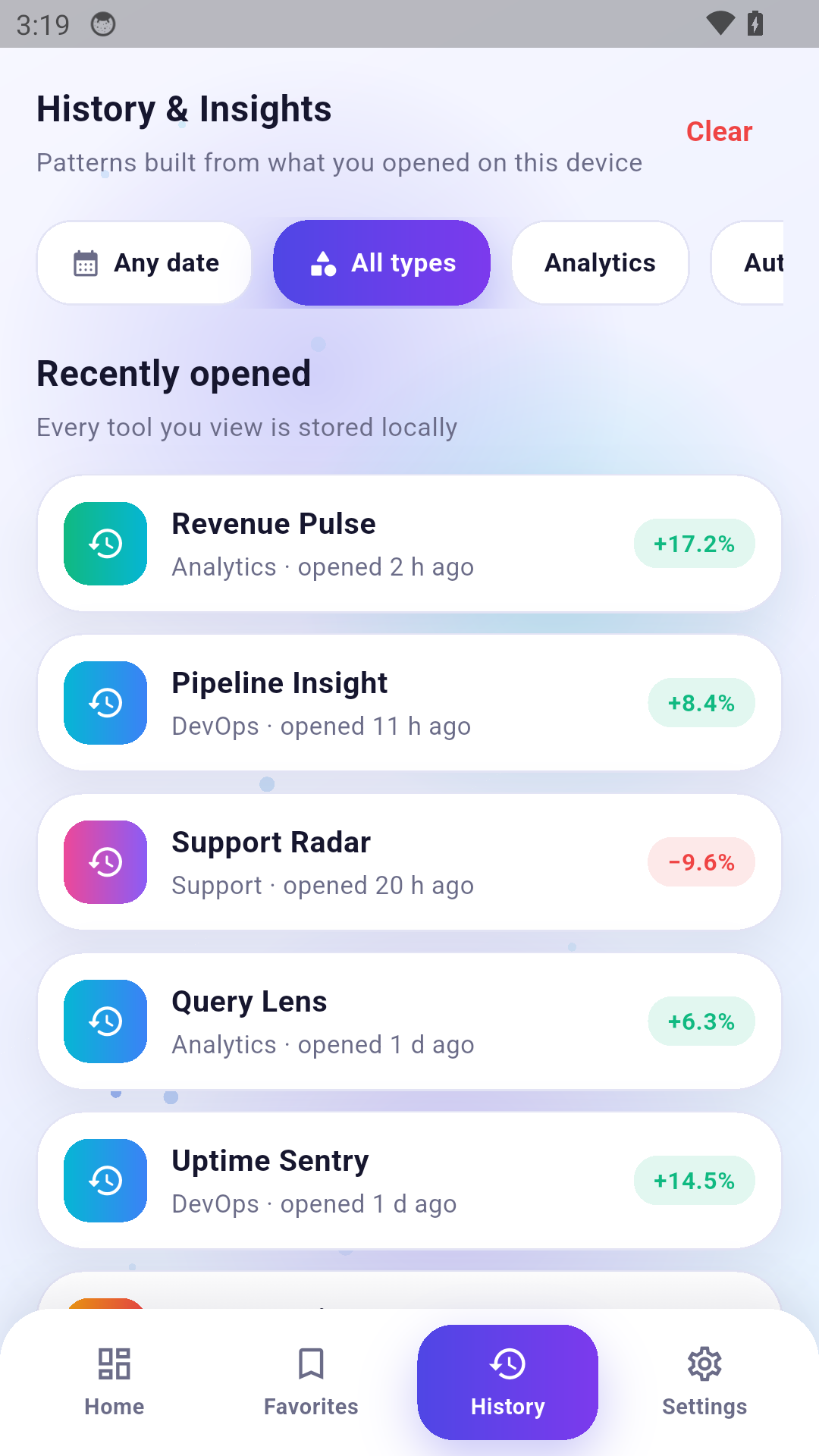 White Tool Hub history and insights screen